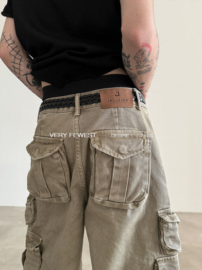 Washed Wide-Leg Straight Cargo Pants WN15287