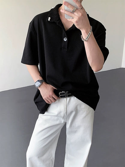 Fake Fur Collar Pearl PatchShort Sleeve Polo Shirt WN19306