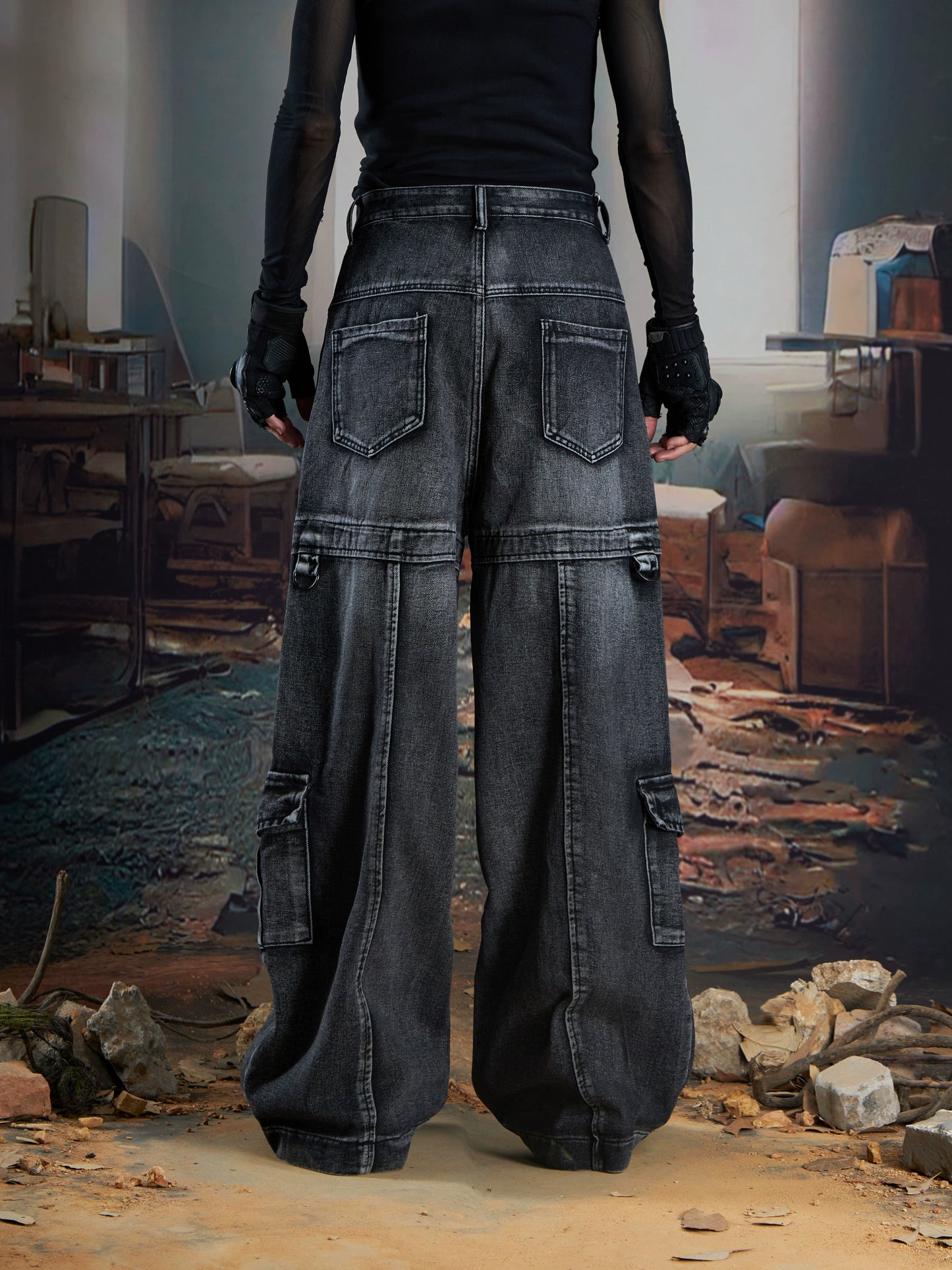 Studs Ribbon Washed Multi-Pocket Wide Leg Cargo Denim Jeans WN21348