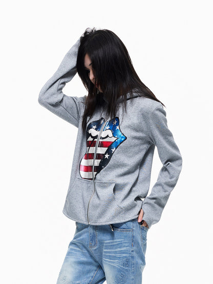 Graphic Print Side-Pocket Cropped Zipper Hoodie WN27332