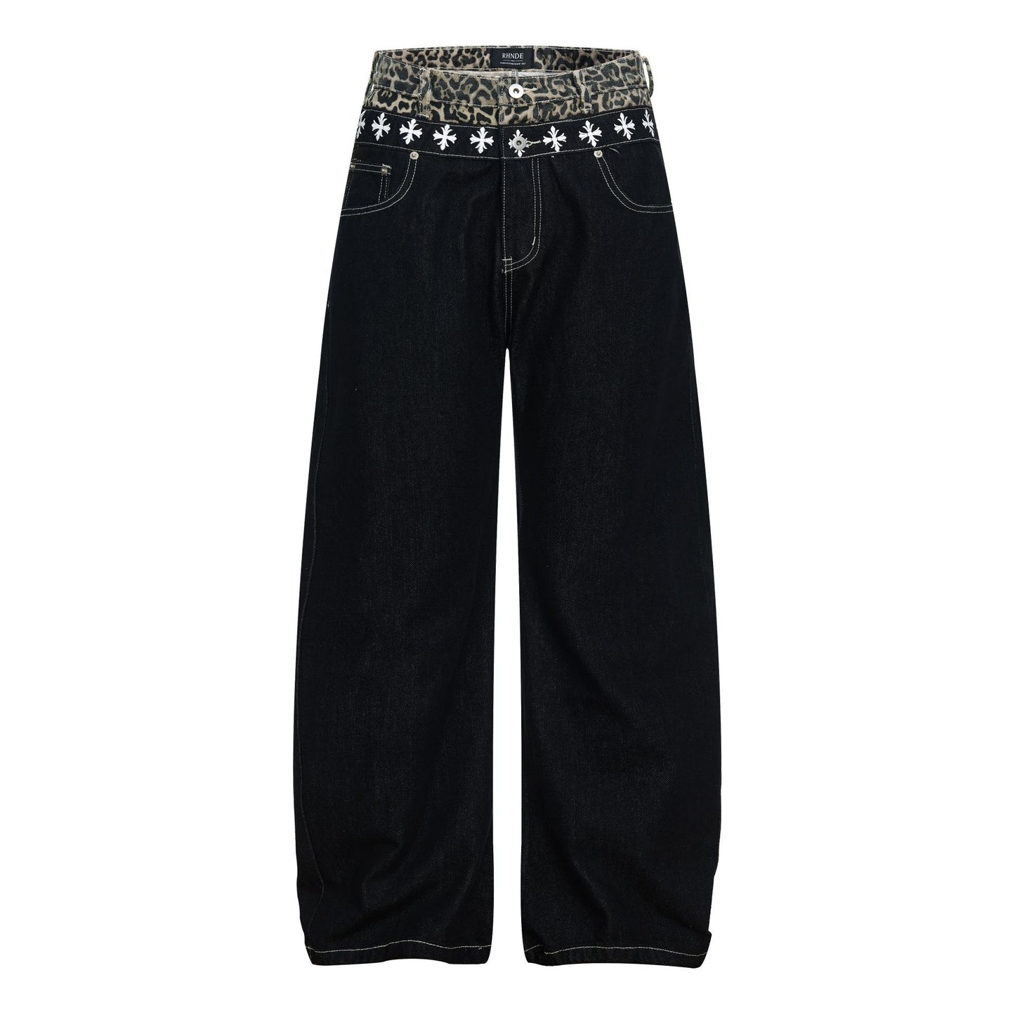 Color Block Embroidery Wide Leg Curved Denim Jeans WN25864