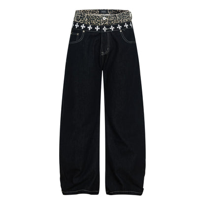Color Block Embroidery Wide Leg Curved Denim Jeans WN25864
