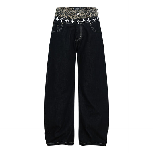 Color Block Embroidery Wide Leg Curved Denim Jeans WN25864