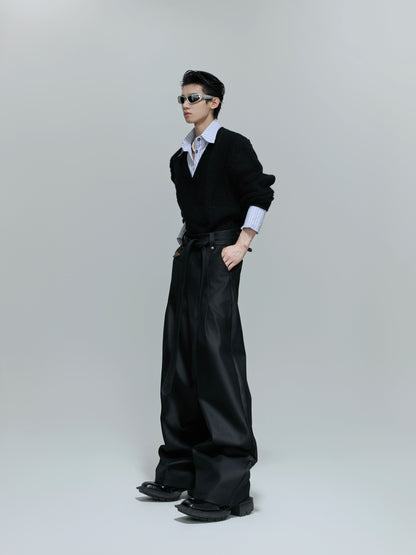 Glossy Pleated Straight Belted Trousers WN21701