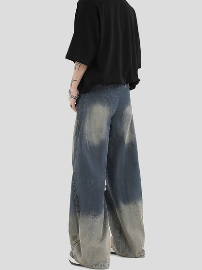 Washed Gradual Damage Wide-Leg Straight Denim Jeans WN7233