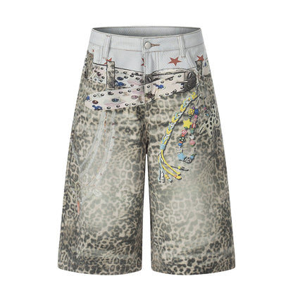 Allover Leopard Print Wide Leg Short Denim Jeans WN25650
