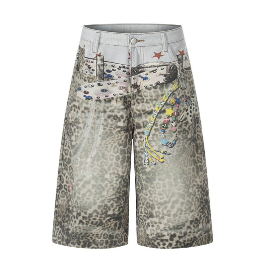 Allover Leopard Print Wide Leg Short Denim Jeans WN25650