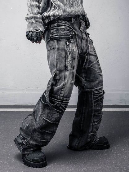 Wash Zipper Pocket Mix Patch Wide Leg Denim Jeans WN22396