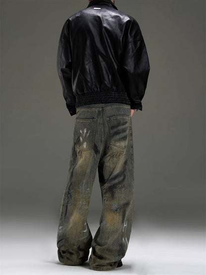 Heavyweight Graffiti Splashed Ink Design Wide Leg Straight Denim Jeans WN8444