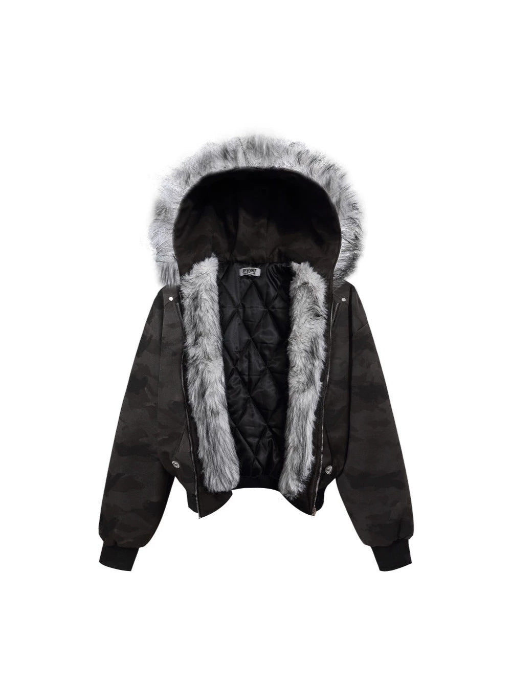 Camouflage Fake Fur Collar Multi-Zipper Short Puffer Jacket WN27891