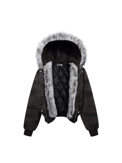 Camouflage Fake Fur Collar Multi-Zipper Short Puffer Jacket WN27891