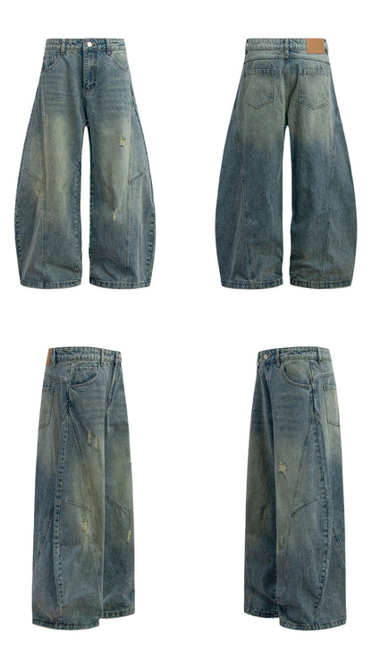 Washed Damage Panel Wide Leg Denim Jeans WN26193