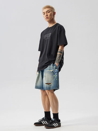 Raw Hem Damage Drawstring Washed Half Denim Jeans WN17484