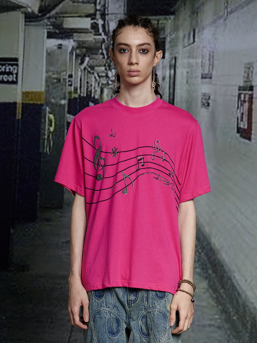 Rhinestone Music Note Print Short Sleeve T-Shirt WN17126