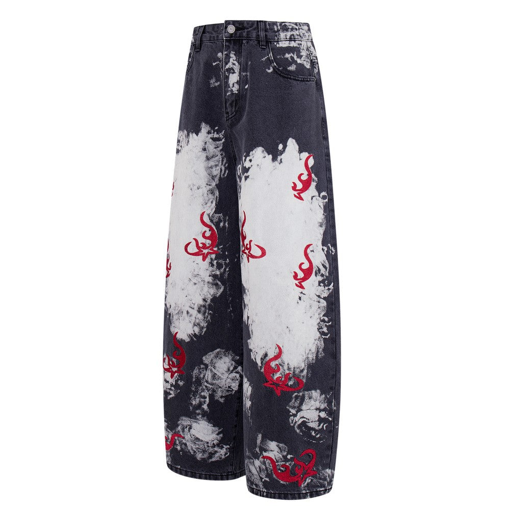 Washed Graphic Print Wide Leg Denim Jeans WN27794