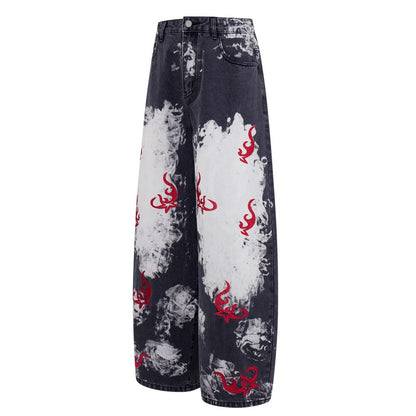 Washed Graphic Print Wide Leg Denim Jeans WN27794