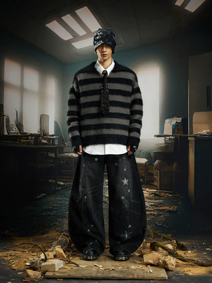 Star Print Washed Damage Wide Leg Denim Jeans WN22743