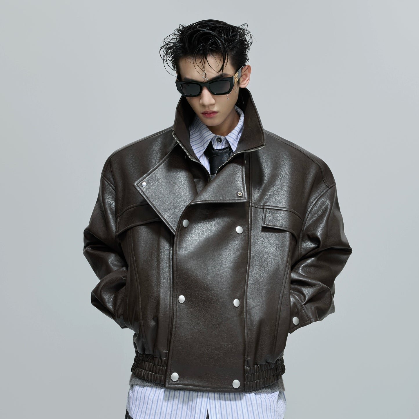 Deconstructed Fake Layered Button PU Leather Short Jacket WN21688