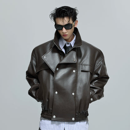 Deconstructed Fake Layered Button PU Leather Short Jacket WN21688