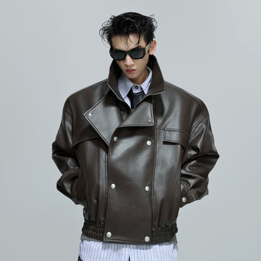 Deconstructed Fake Layered Button PU Leather Short Jacket WN21688