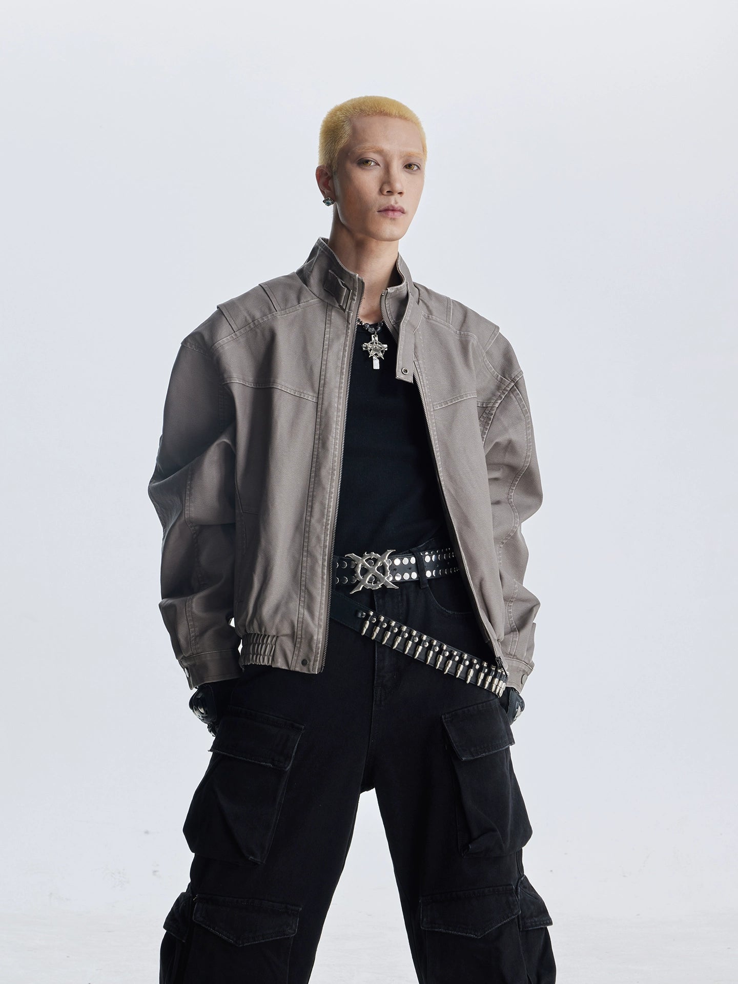Deconstruction Patchwork Standing-Collar Belt Oversize PU Leather Jacket WN20813