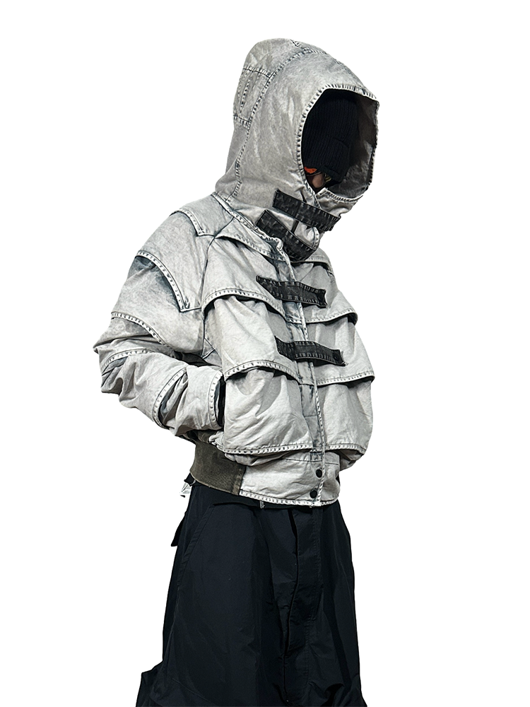 Faded Washed Pleats Structured Hooded Short Jacket WN21984