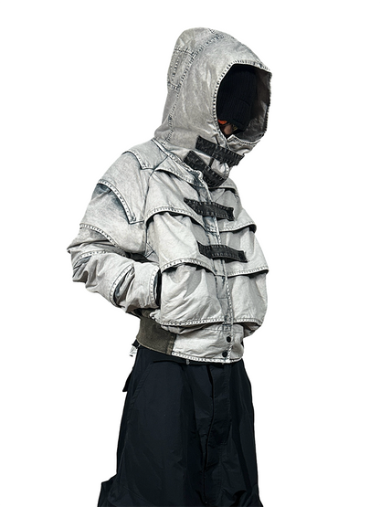 Faded Washed Pleats Structured Hooded Short Jacket WN21984