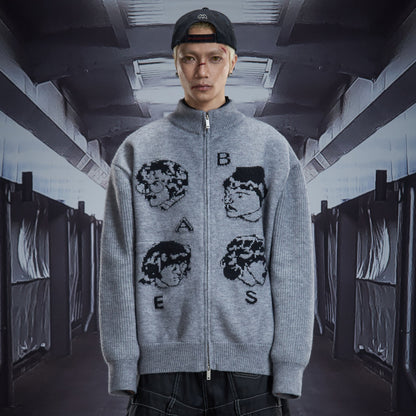 Portrait Print High-Neck Zipper Oversize Knit Cardigan WN22894