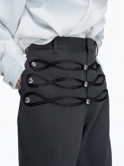Leather Weave Metal Button Stripe Flare Trousers WN23556