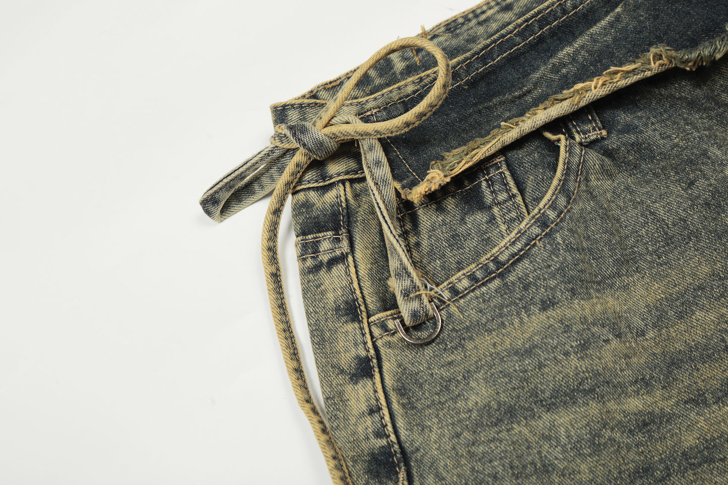 Washed Frayed Wide Leg Straight Denim Jeans WN23039