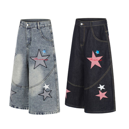 Star Patch Embroidery Denim Wide Leg Half Pants WN25693