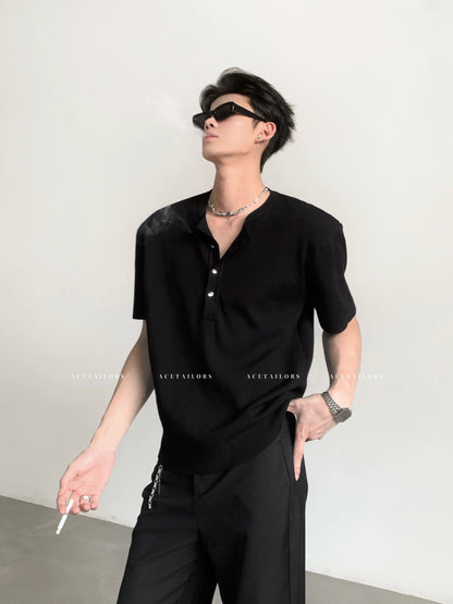 Henley Neck Knit Cleanfit Short Sleeve T-Shirt WN20075