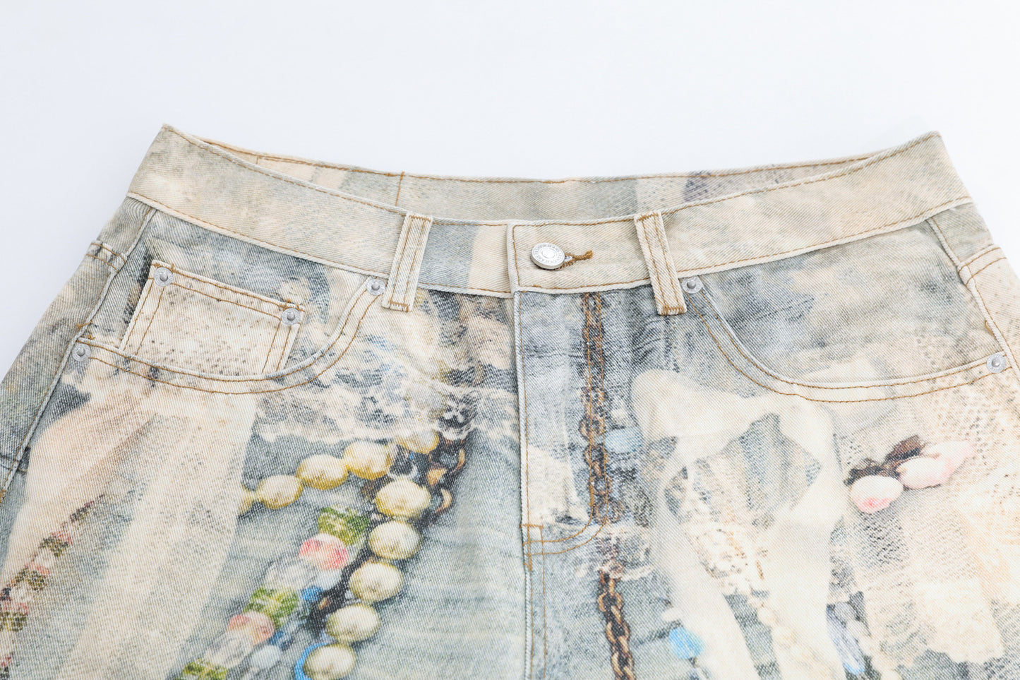 Pearl Chain Collage Print Denim Half Jeans WN25425