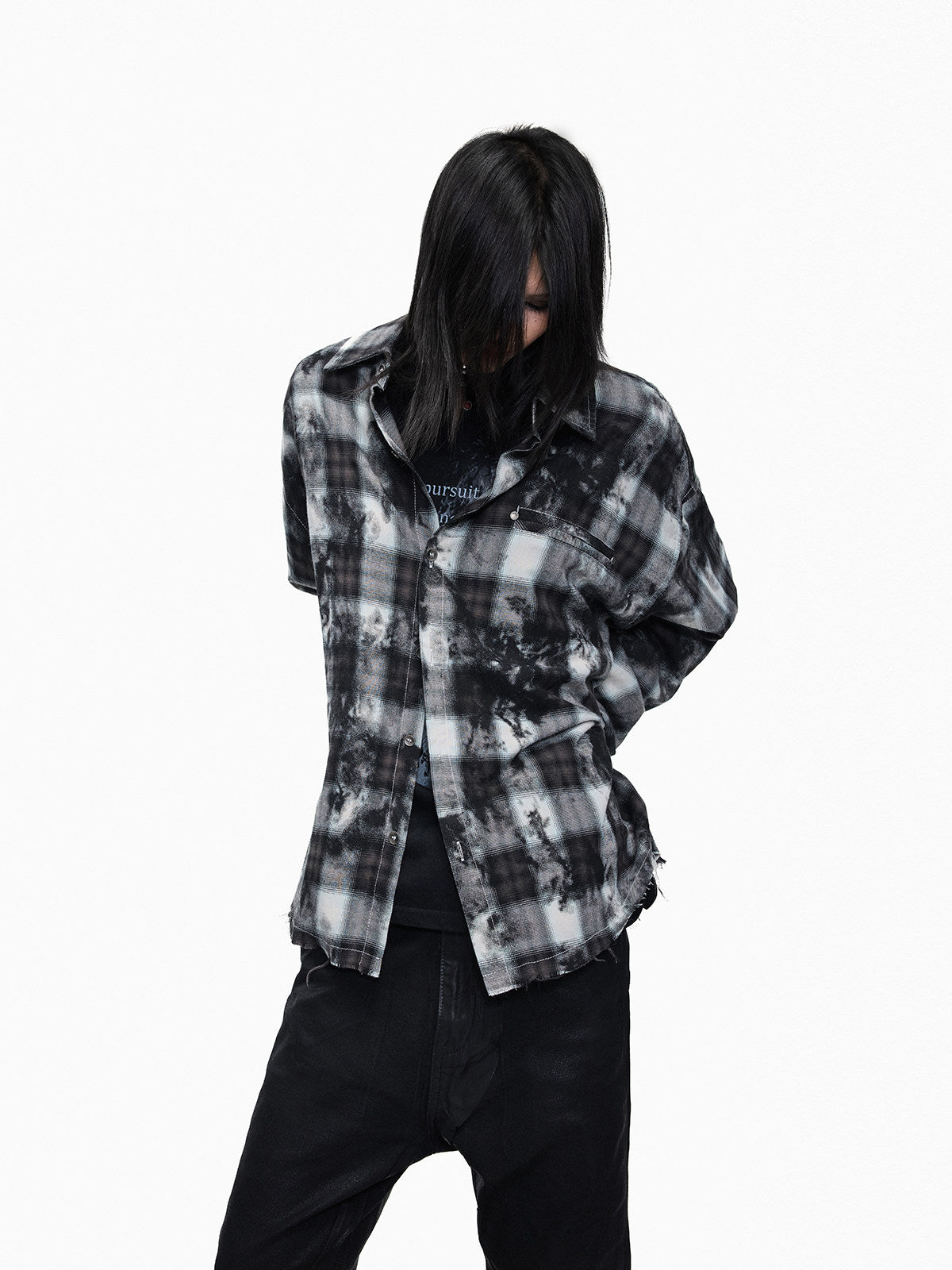 Plaid Washed Raw Hem Oversize Long Sleeve Shirt WN27344