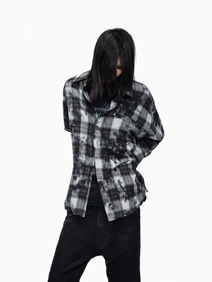 Plaid Washed Raw Hem Oversize Long Sleeve Shirt WN27344