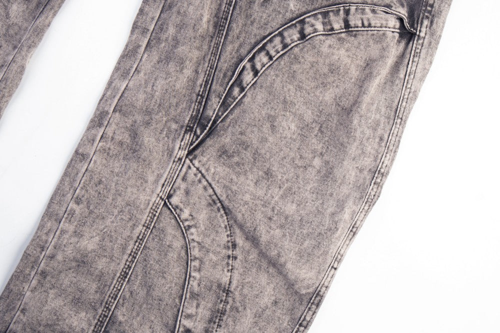 Double Waist Washed Panel Detail Wide Leg Denim Jeans WN27973