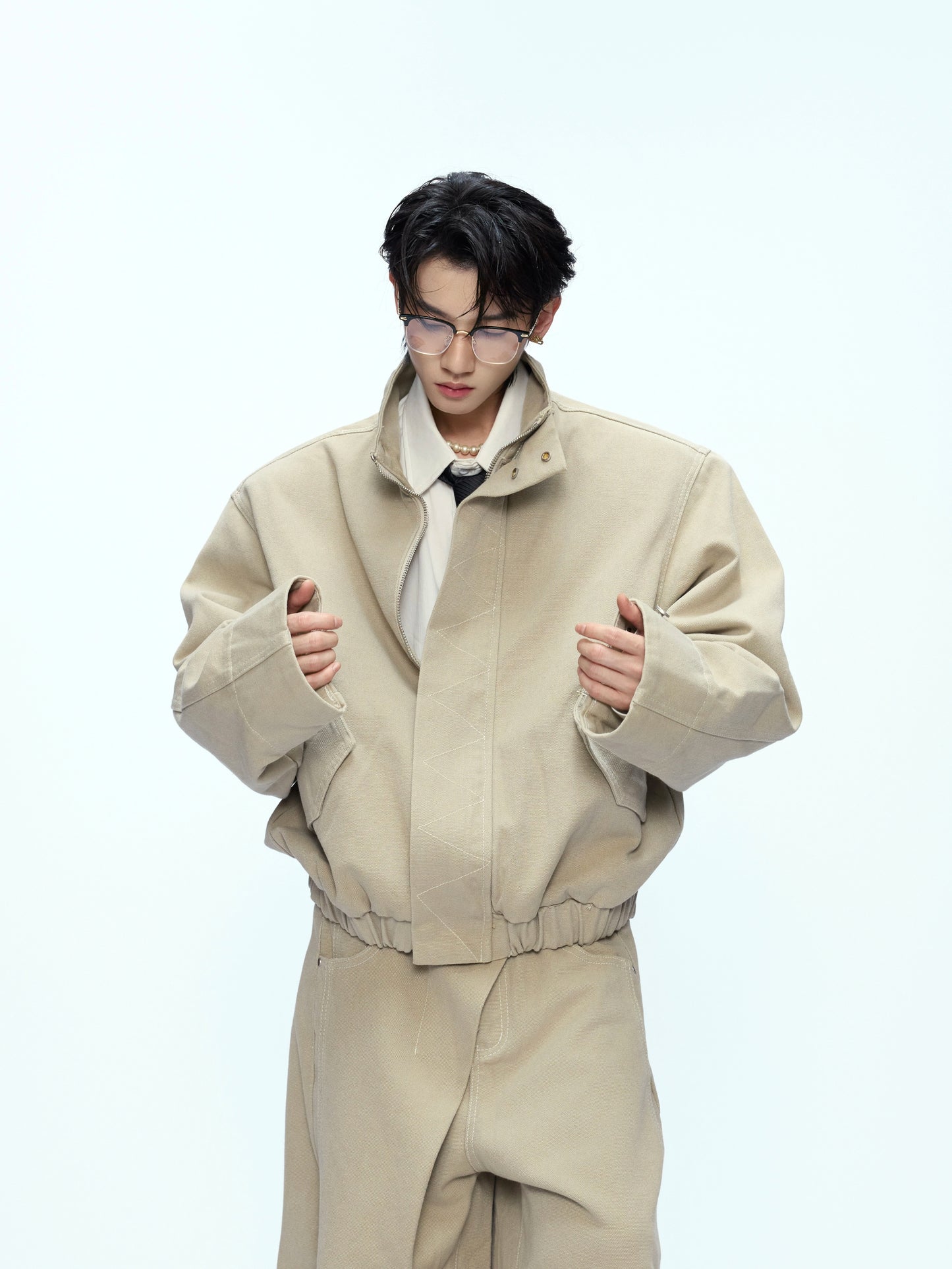 Washed Standing-Neck Cargo Jacket & Wide Leg Pants Setup WN21235