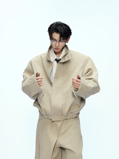 Washed Standing-Neck Cargo Jacket & Wide Leg Pants Setup WN21235