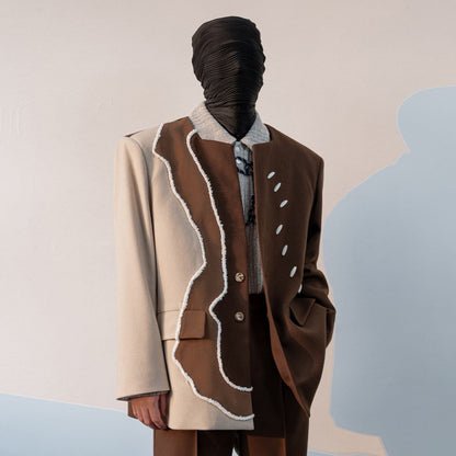 Brushed Color Block Oversize Tailored Jacket & Wide Leg Trousers Setup WN23649