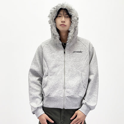 Fake Fur Collar Short Length Oversize Zipper Hoodie WN24246
