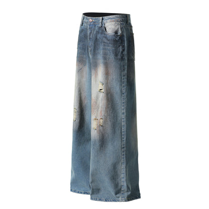 Dirty Dye Damage Design Wide-Leg Denim Jeans WN15087