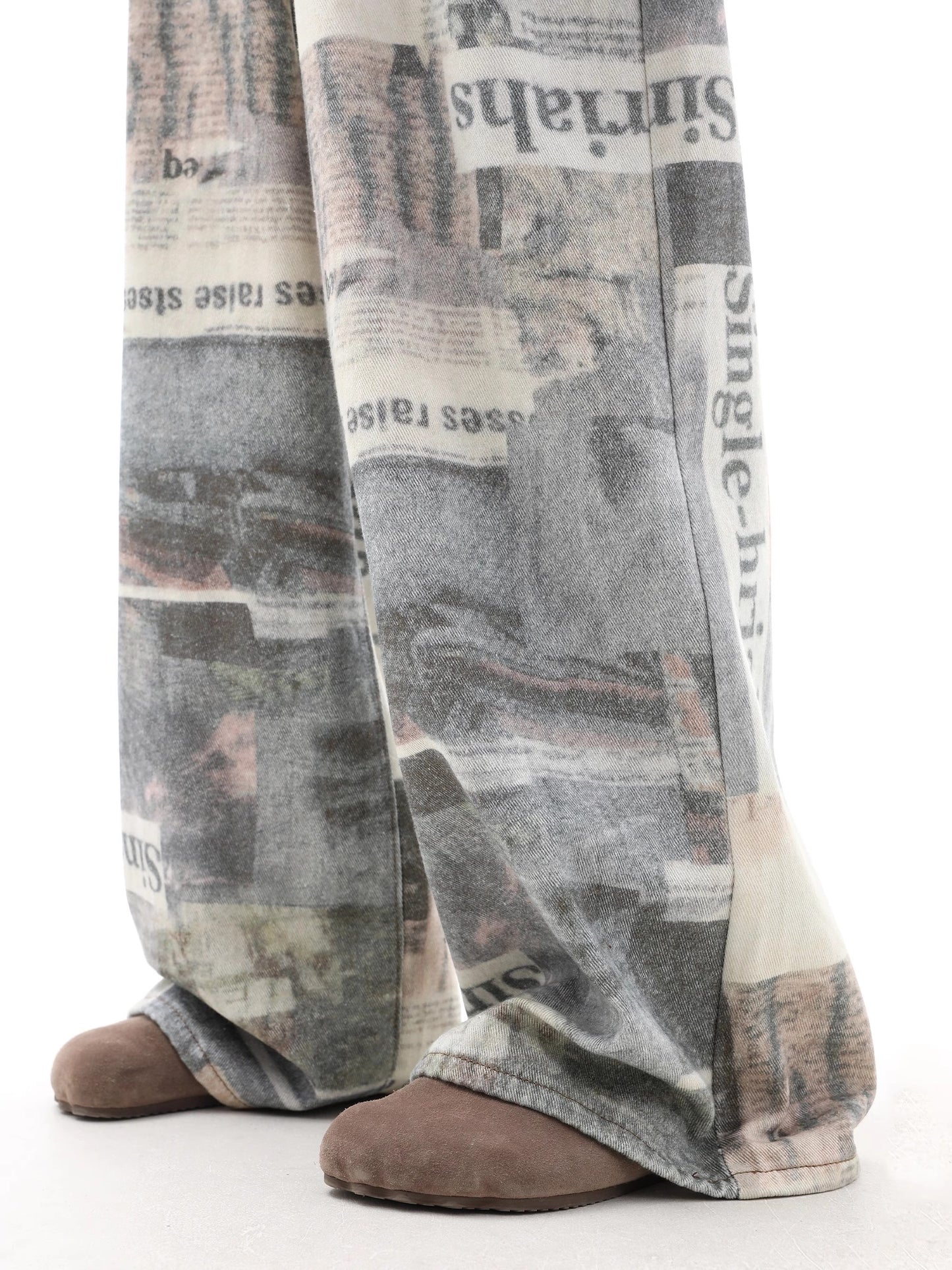 Newspaper Print Wide-Leg Straight Pants WN10510