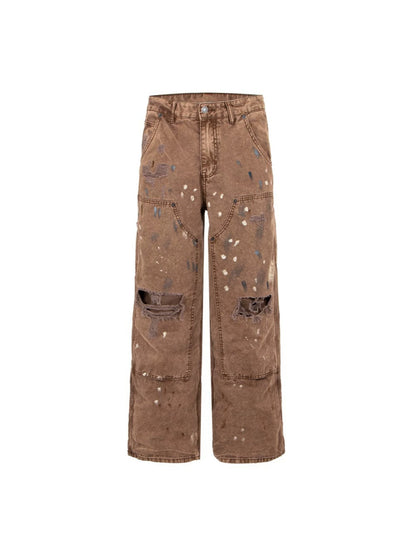 Paint Damage Cargo Straight Denim Jeans WN28093