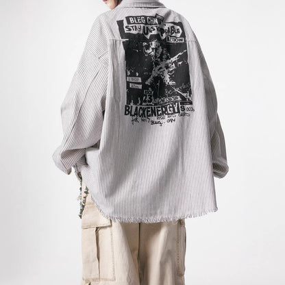 Graphic Print Stripe Frayed Long Sleeve Shirt WN23042