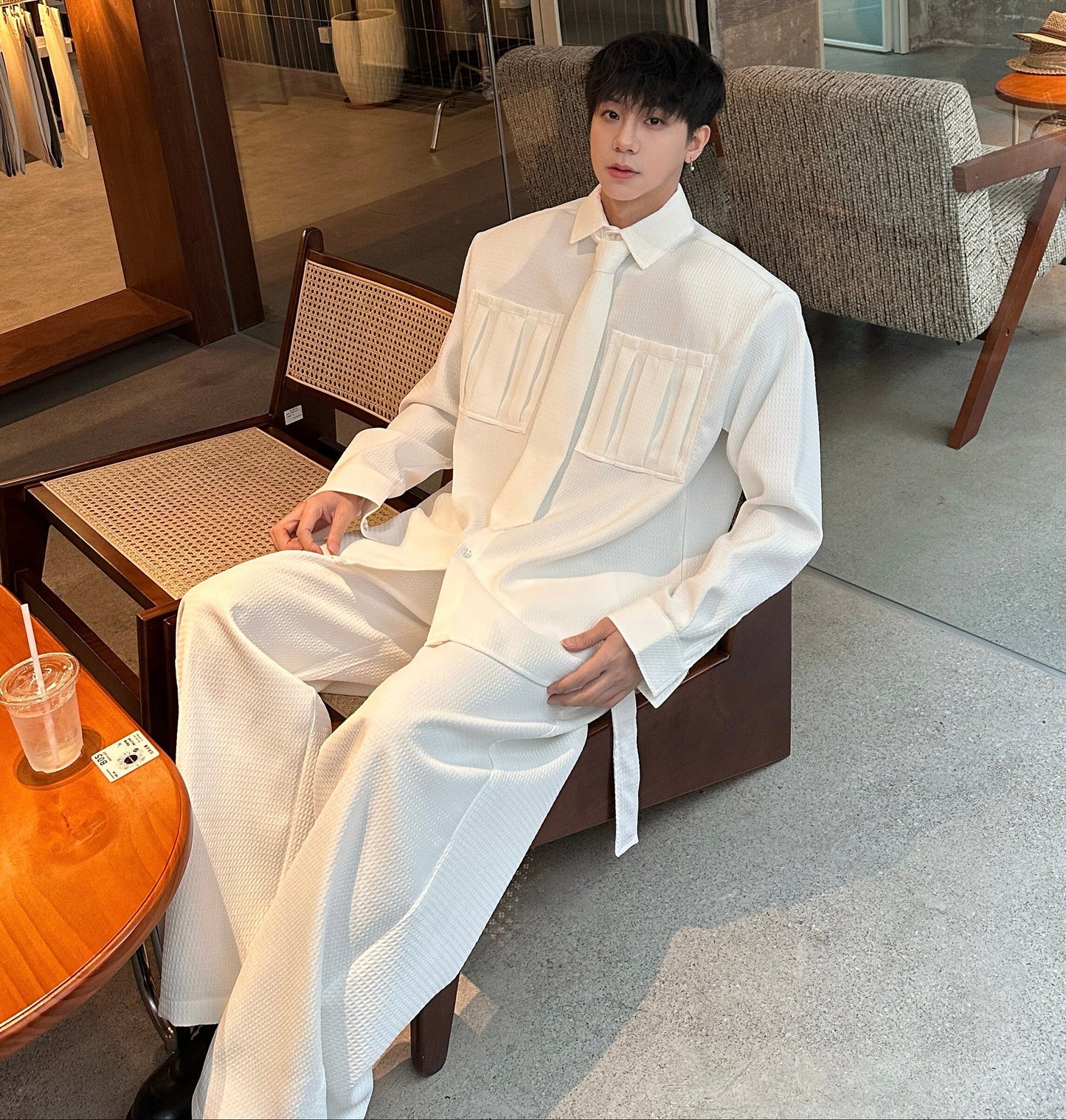 Detachable Tie Shoulder-pad Oversize Long Sleeve Shirt & Wide Leg Trousers Setup WN25242