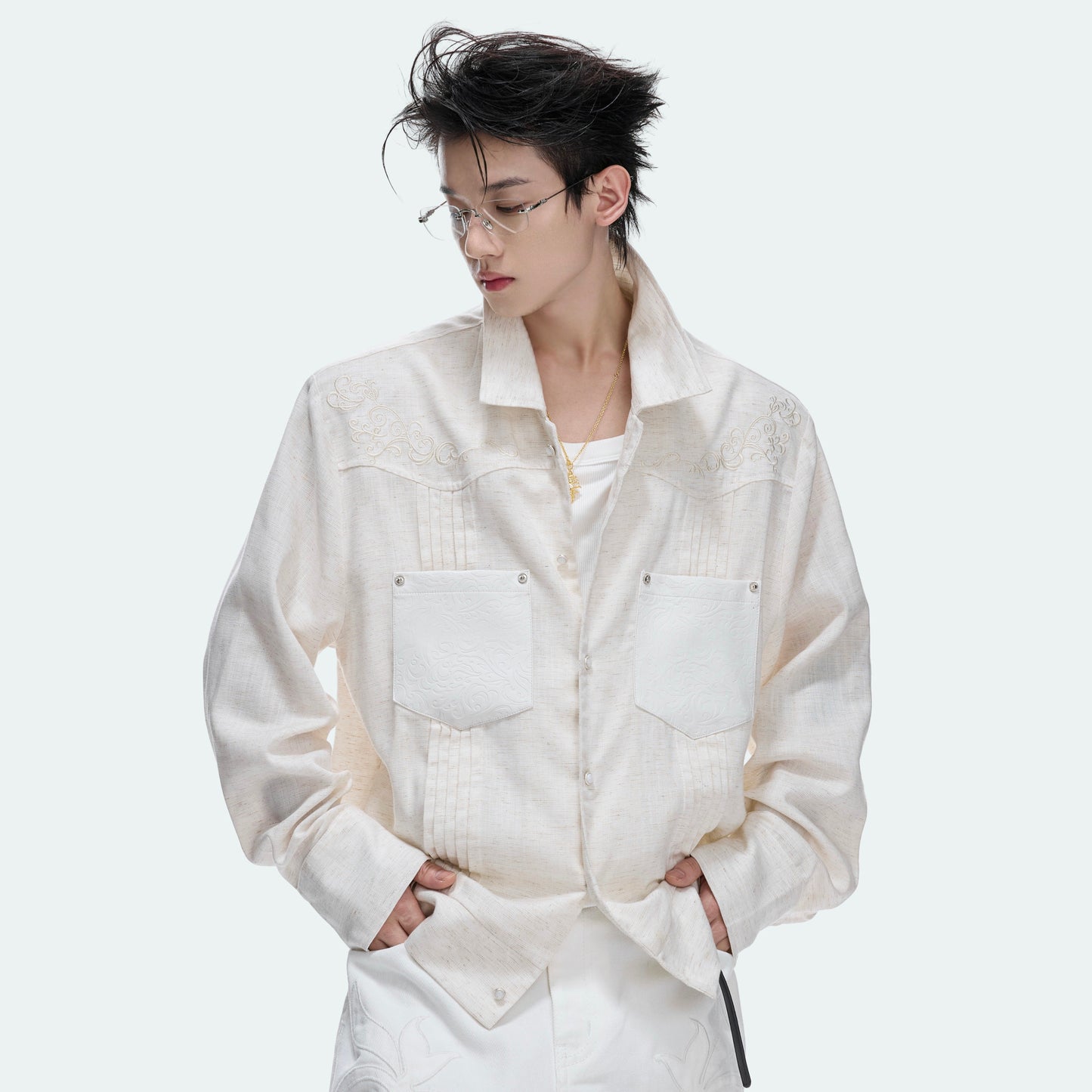 Floral Embroidery Linen Leather Panel Pleats Jacket WN27042