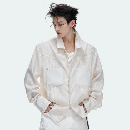Floral Embroidery Linen Leather Panel Pleats Jacket WN27042