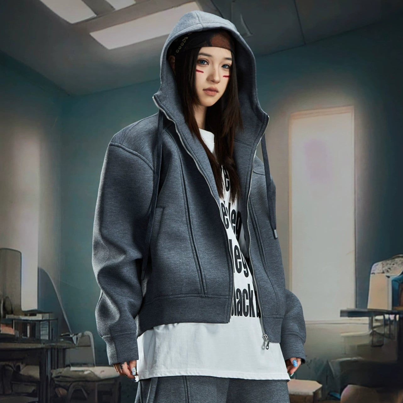 Oversize Simple Zipper Hoodie & Wide Leg Sweatpants Setup WN20581