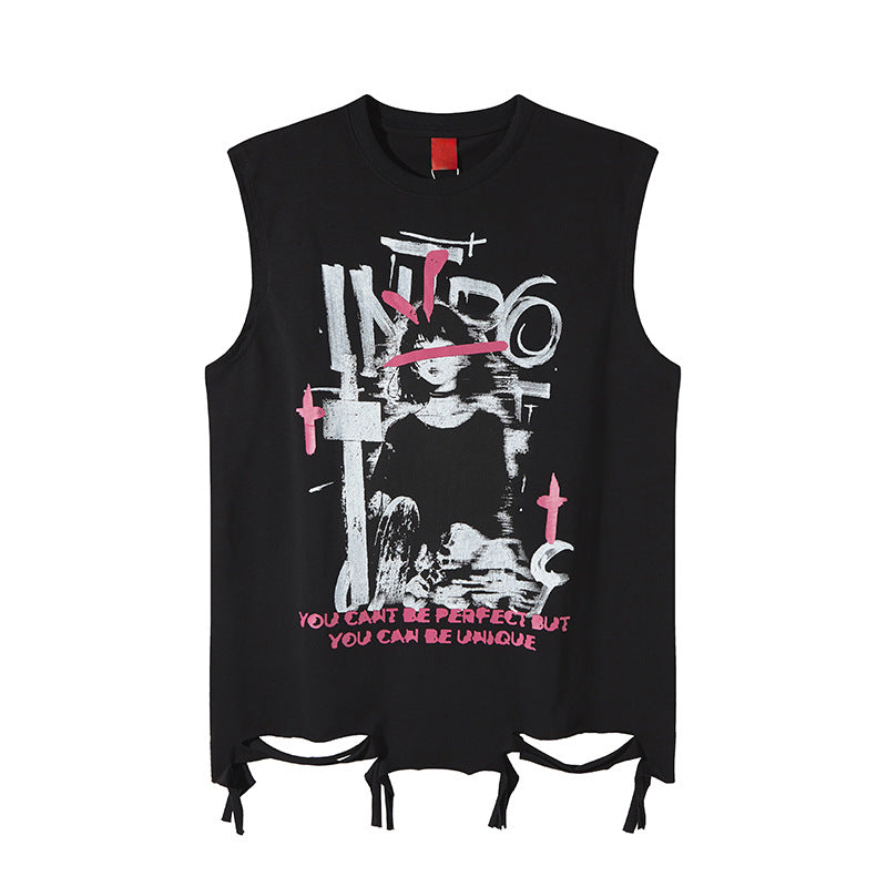 Graphic Print Damage Sleeveless T-Shirt WN16804