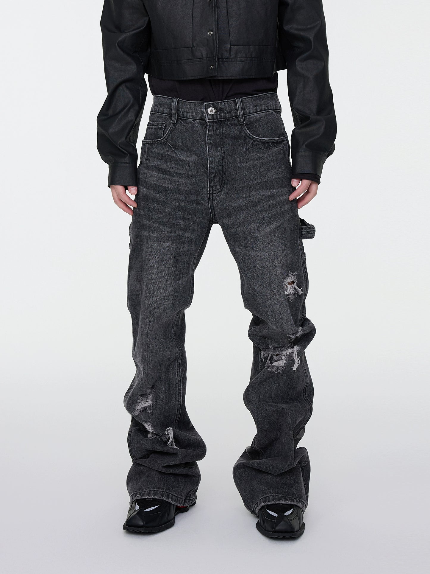 Whisker Rip Damage Stacked Flare Denim Jeans WN16949